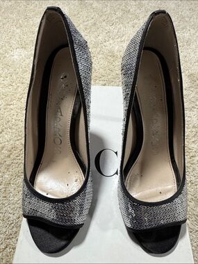 Caparros Silver Sequin Peep-Toe Heels with Black Trim